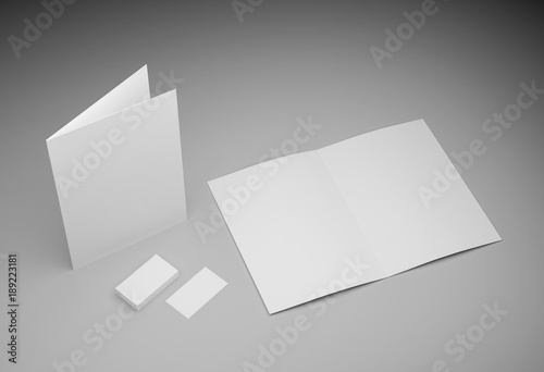 A2 brochure blank white template and business cards mockup for presentation and design.3D illustration
