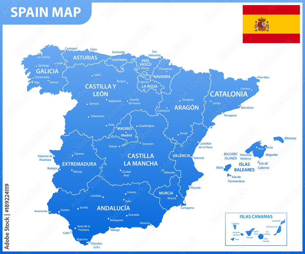The detailed map of the Spain with regions or states and cities, capitals, national flag