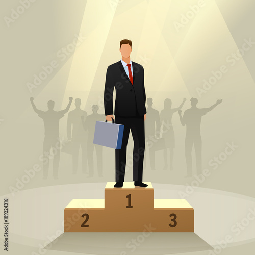 Success businessman character standing in a podium