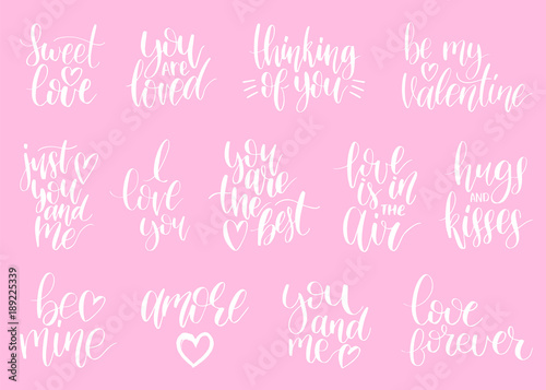 Vector hand lettering phrases Take My Heart, Hugs And Kisses etc. February 14 calligraphy set. Valentines day typography © vladayoung