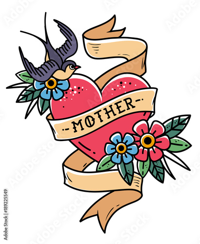 Isolated tattoo red heart with ribbon, swallow, flowers and word Mother. Vector illustration for Mother Day. Old school