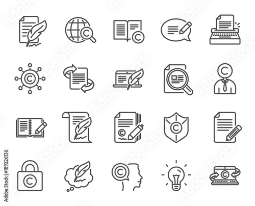 Copywriting line icons. Set of Ð¡opyright protection, Signature and Feedback signs. Typewriter, Idea and Speech bubble message symbols. Quality design elements. Editable stroke. Vector