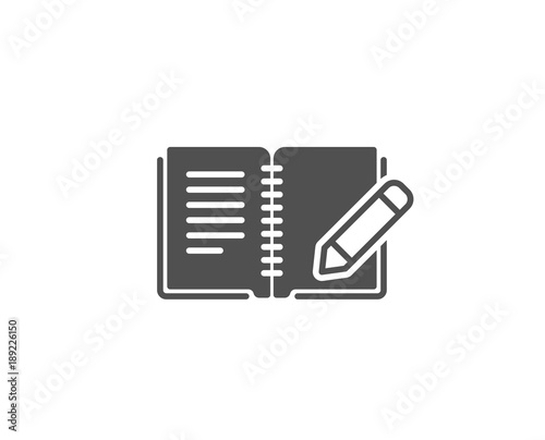 Feedback simple icon. Book with pencil sign. Copywriting symbol. Quality design elements. Classic style. Vector
