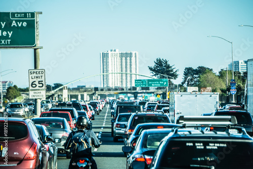 on a highway in traffic heading toward oakland city california
