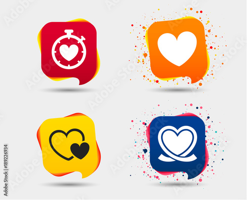 Heart ribbon icon. Timer stopwatch symbol. Love and Heartbeat palpitation signs. Speech bubbles or chat symbols. Colored elements. Vector