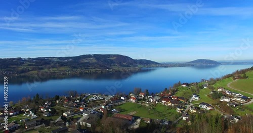 Aerial view, beautiful clear alpine lake Attersee with blue water, salzkammergut, Austria