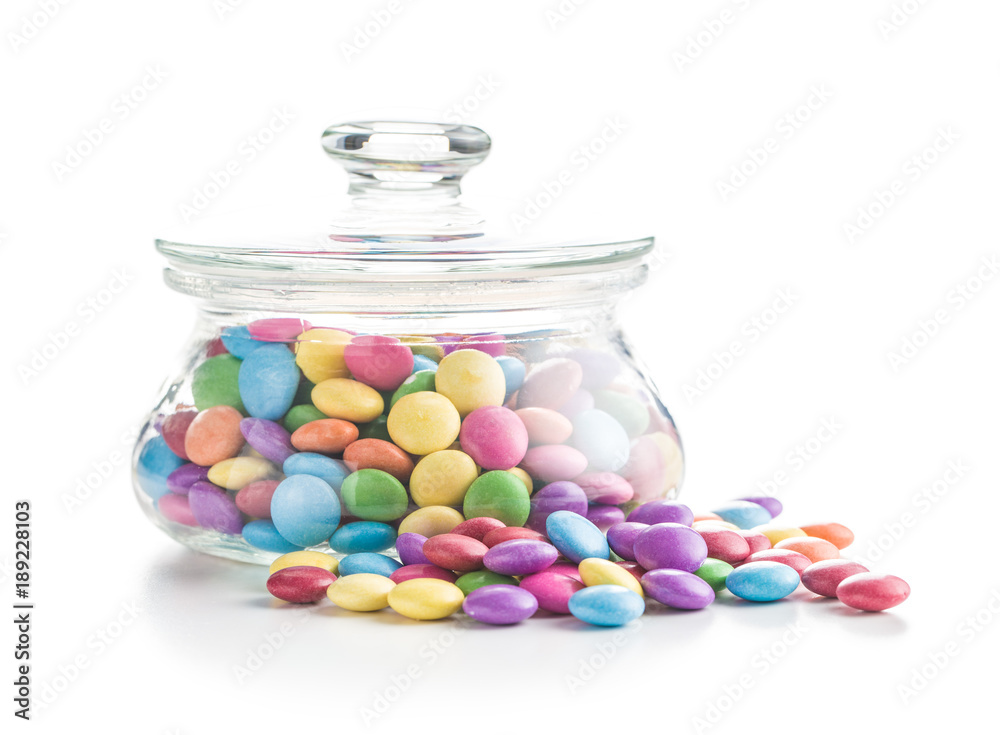 Colorful chocolate candies in jar. Colorful chocolate candies in jar.