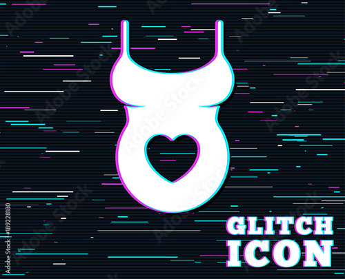Glitch effect. Pregnant woman shirt sign icon. Maternity with heart symbol Background with colored lines. Vector