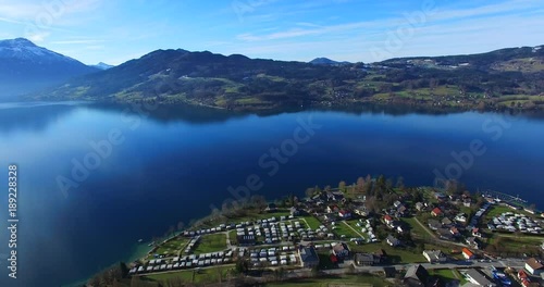 Aerial view, beautiful clear alpine lake Attersee with blue water, salzkammergut, Austria