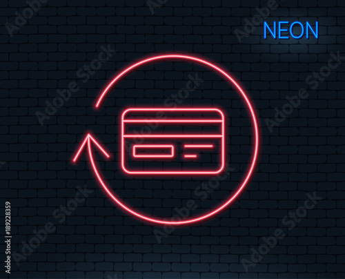 Neon light. Credit card line icon. Banking Payment card sign. Cashback service symbol. Glowing graphic design. Brick wall. Vector