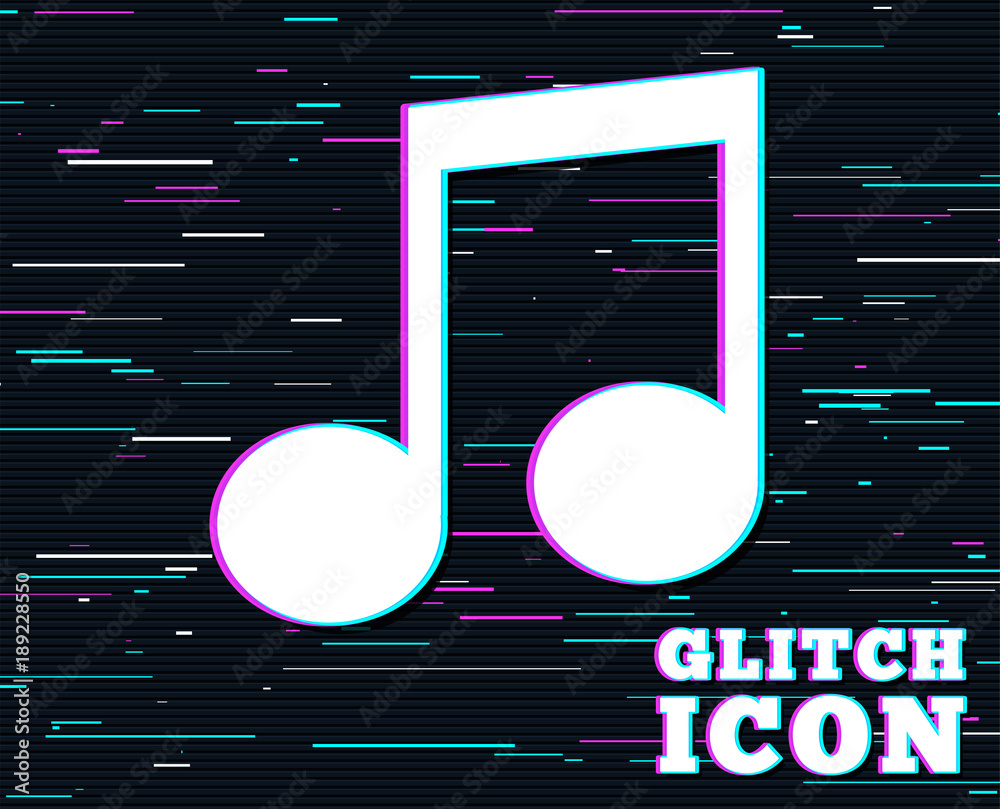 Glitch effect. Music note sign icon. Musical symbol. Background with  colored lines. Vector Stock Vector | Adobe Stock