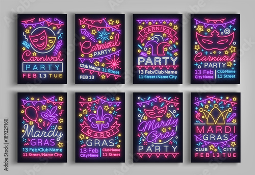 Mardi Gras, Carnival collection of posters design a template in a neon style. Set neon signs, brochure, invitation to a party card, bright advertising fat Tuesday. Flyer, banner. Vector illustration
