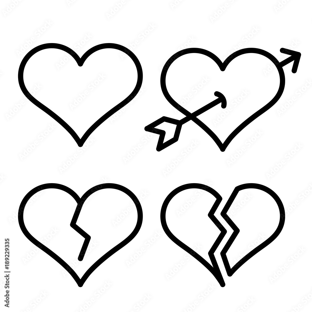 Set of outline broken heart icons isolated on white background. Line love pictograms. Amour sign. Valentines day symbols for website design, logo, ui. Editable stroke. Vector illustration. Set of outline broken heart icons isolated on white background. Line love pictograms. Amour sign. Valentines day symbols for website design, logo, ui. Editable stroke. Vector illustration.