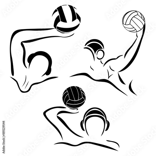 Water-polo player. Water polo vector image. Gate, swimmer, ball isolated on white background. Set minimalistic black sign.  Emblem or logo for swimming pool, sports shop, competition. 