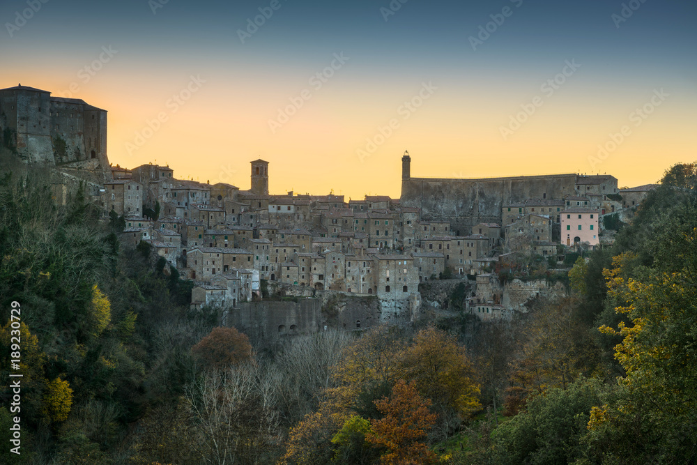Tuscany, Sorano medieval village panorama sunset. Italy