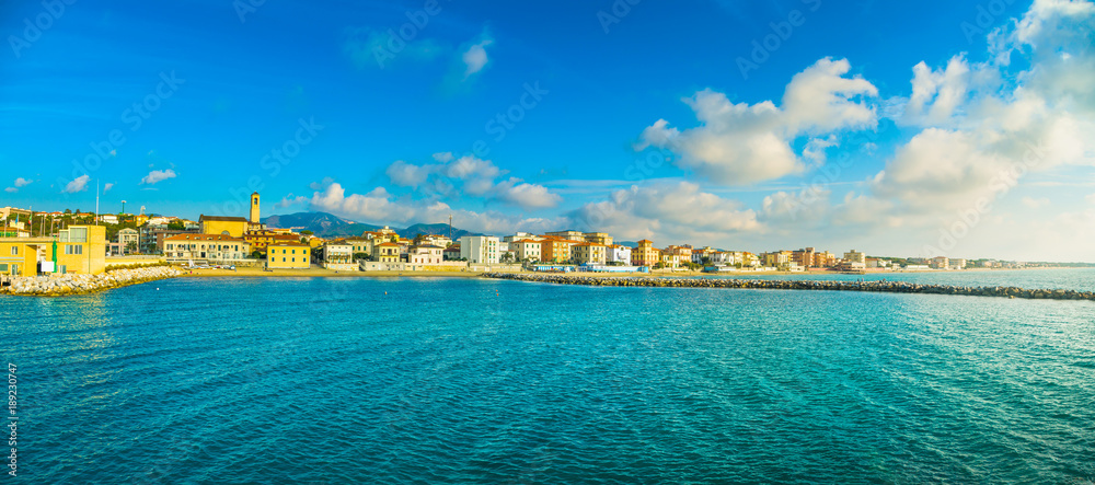 San Vincenzo beach and seafront panoramic view. Tuscany, Italy.