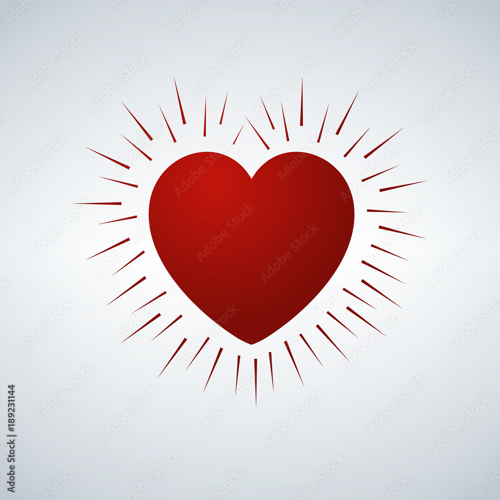 Heart icon. Love symbol. Valentine s Day sign. Vector. Red icon on white with rays. Isolated