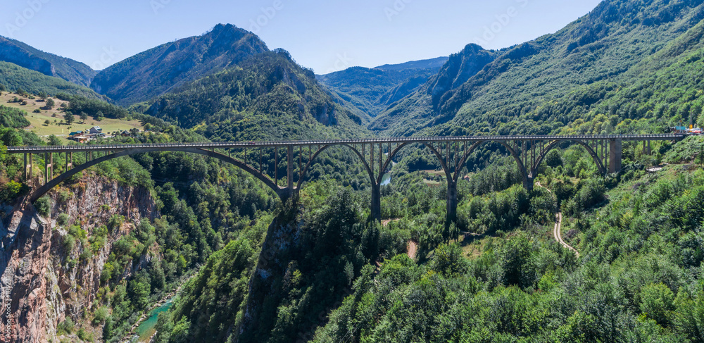 Panoramic aerial view of the Djurdjevica Bridge over the Canyon of the Tara River. Montenegro.