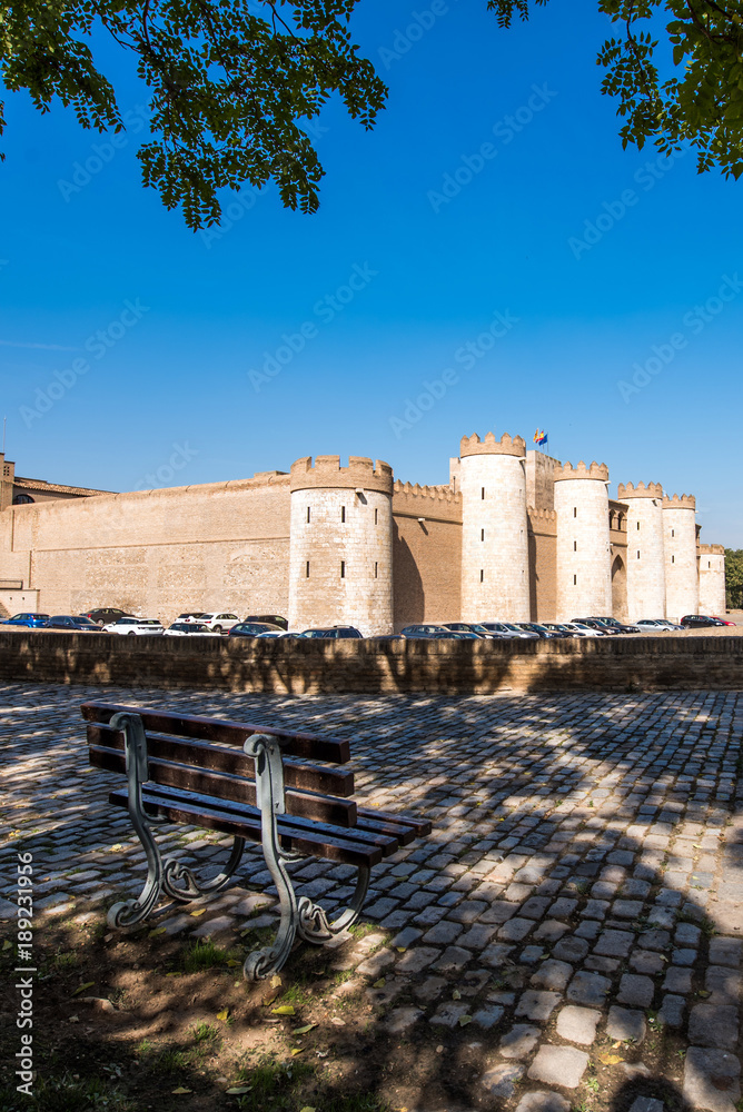 View of the palace Aljaferia, built in the 11th century in Zaragoza, Spain. Copy space for text. Vertical. View of the palace Aljaferia, built in the 11th century in Zaragoza, Spain. Copy space for text. Vertical.