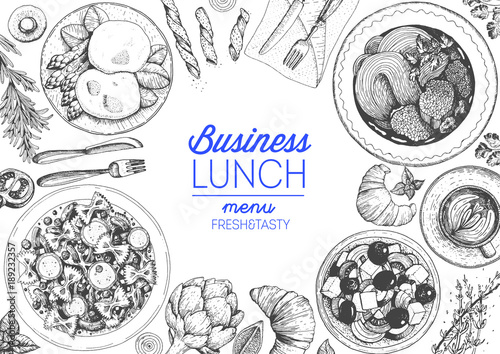 Business lunch top view frame. Food menu design. Vintage hand drawn sketch vector illustration.