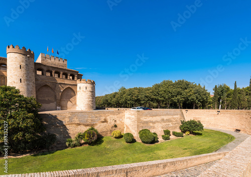View of the palace Aljaferia, built in the 11th century in Zaragoza, Spain. Copy space for text.
