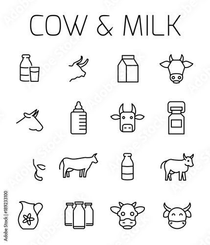 Cow and milk related vector icon set. 