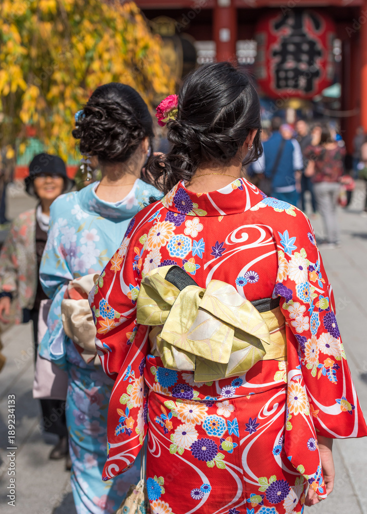 Two girls in a kimono on a city street, Tokyo, Japan. Vertical. Close-up. Back view.