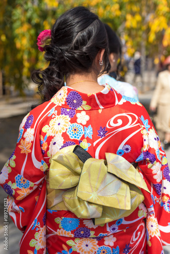 Girl in a red kimono on city street, Tokyo, Japan. Vertical. Close-up. Back view.