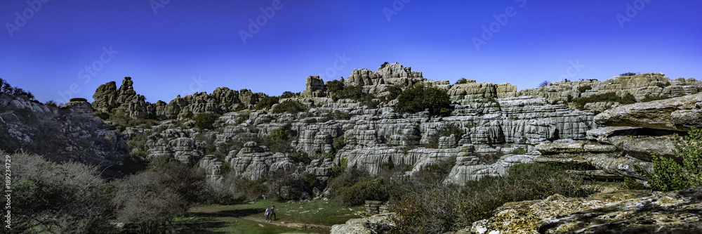 Panorama view of Torcal de Antequera in Malaga, Spain, an impressive karst landscape of unusual limestones landforms