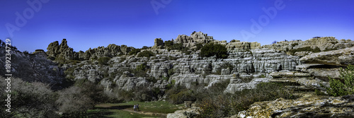 Panorama view of Torcal de Antequera in Malaga, Spain, an impressive karst landscape of unusual limestones landforms