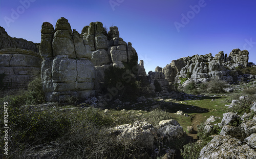 Panorama view of Torcal de Antequera in Malaga, Spain, an impressive karst landscape of unusual limestones landforms