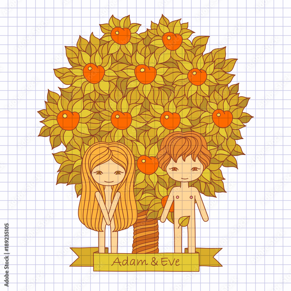vector hand drawing color illustration of a biblical scene with Adam ...
