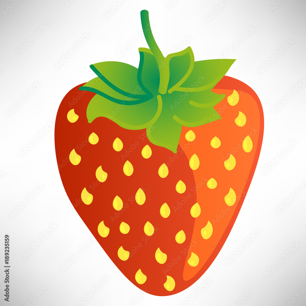 Red summer strawberry with yellow seeds and green leaves isolated on white background. Cartoon style. Vector illustration. Red summer strawberry with yellow seeds and green leaves isolated on white background. Cartoon style. Vector illustration.