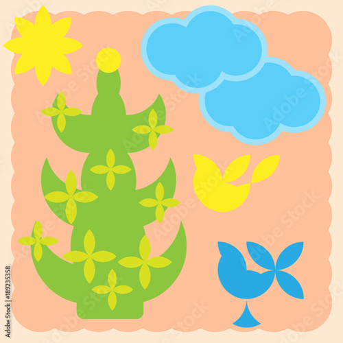 Greeting card with palm tree  clouds  sun  birds. Vector illustration.