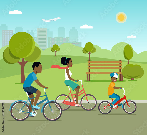 Young Father mother and son ride the bike in the park. Active afro american family riding on bicycles in the park. Flat vector illustration.