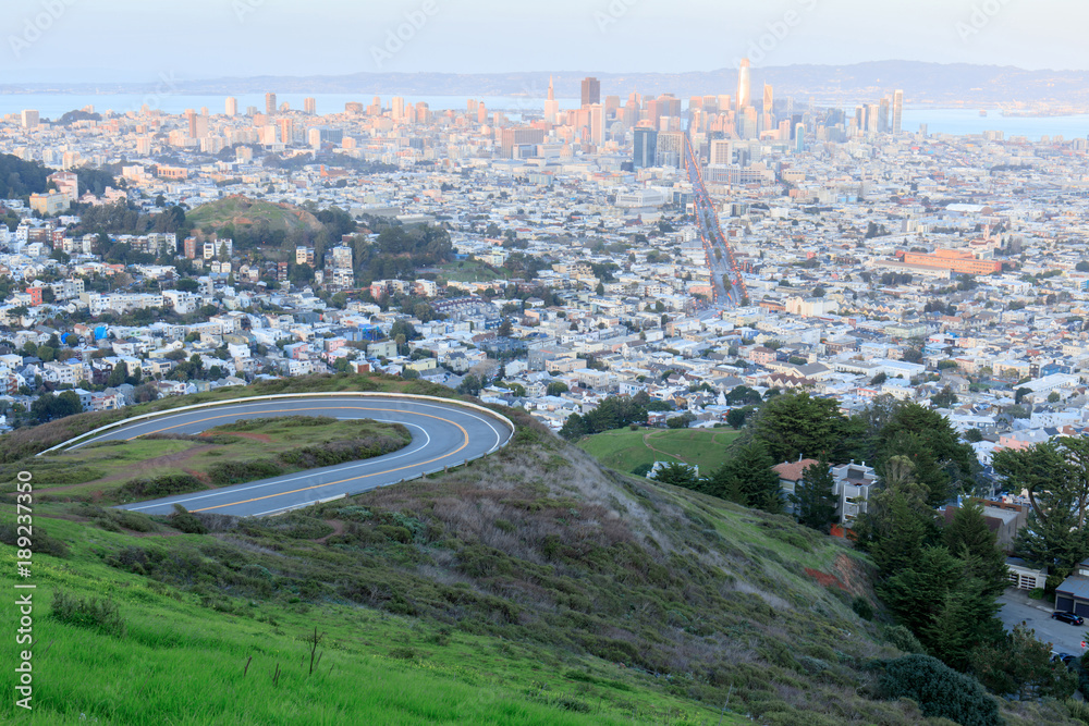 San Francisco downtown Panorama. Panoramic views of San Francisco from Twin Peaks at sunset.