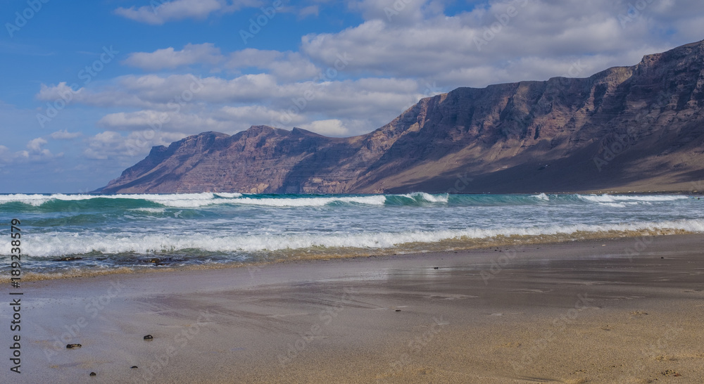 Caleta de Famara (Famara beach) in Lanzarote, Canary island in Spain 