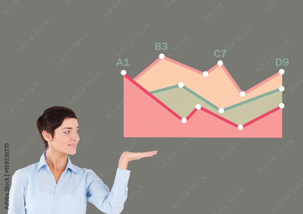 Businesswoman opening hand with colorful chart statistics Businesswoman opening hand with colorful chart statistics
