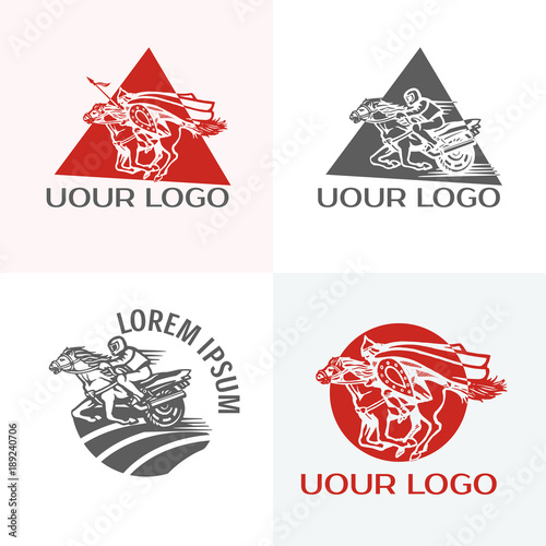 Silhouette of racing horse with jockey. Equestrian sport. Vintage bikes motor club vector logo. Bikers band logotype tee-shirt emblem illustration. Street wear retro print design.