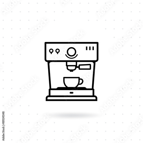 Fototapeta Naklejka Na Ścianę i Meble -  Espresso coffee machine icon. Coffee machine outline icon. Coffee equipment vector illustration. Icon coffee machine with cup in flat line design style