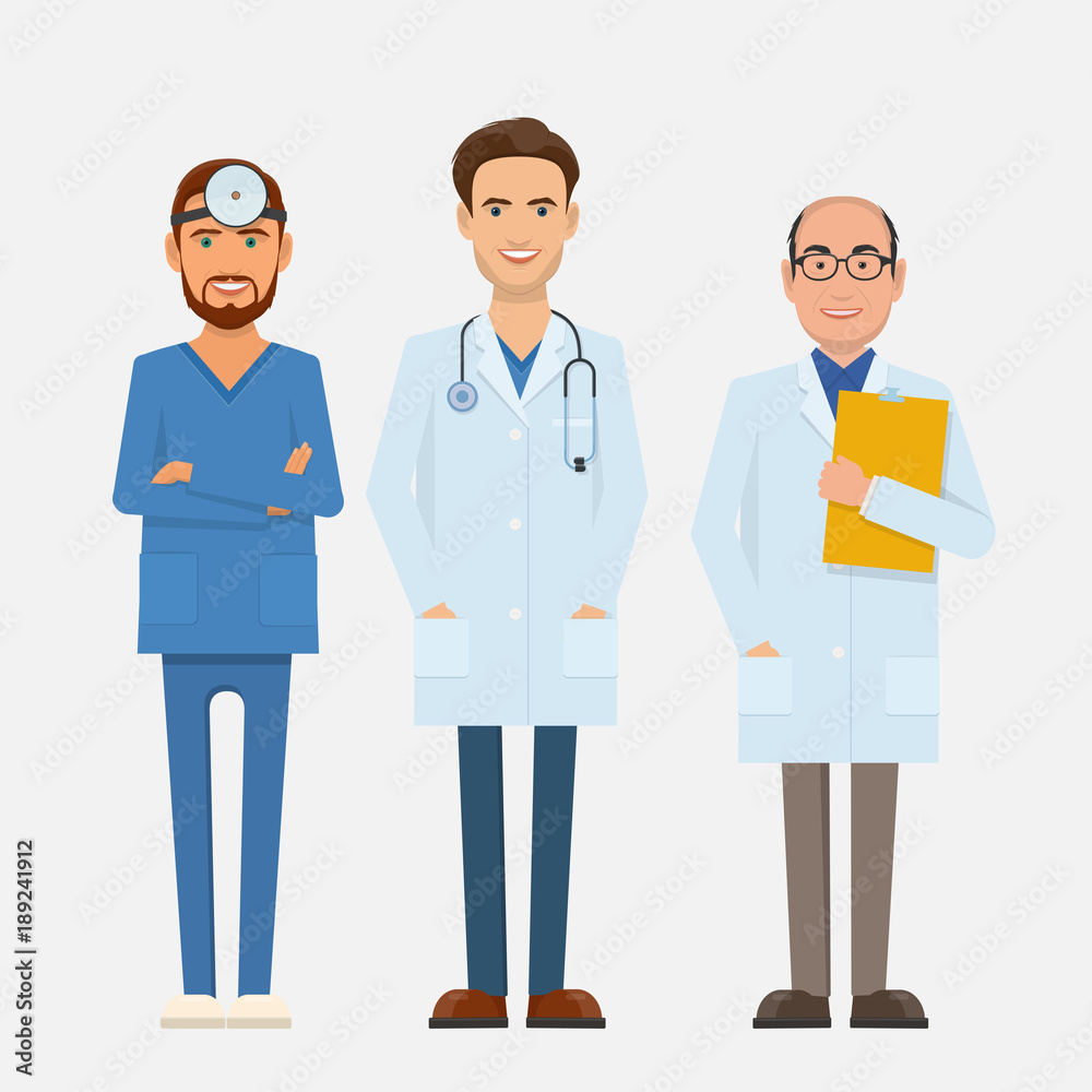 Set of doctors characters. Three doctors of different ages in medical uniforms Set of doctors characters. Three doctors of different ages in medical uniforms