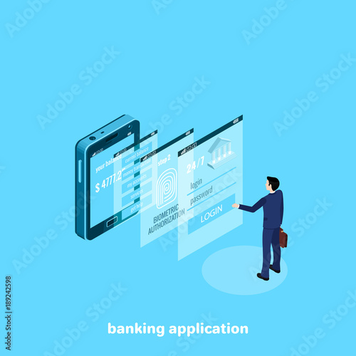 a man in a business suit enters a mobile banking application, an isometric image
