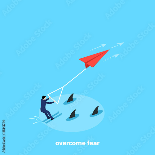 a man in a business suit skiing among sharks, isometric image