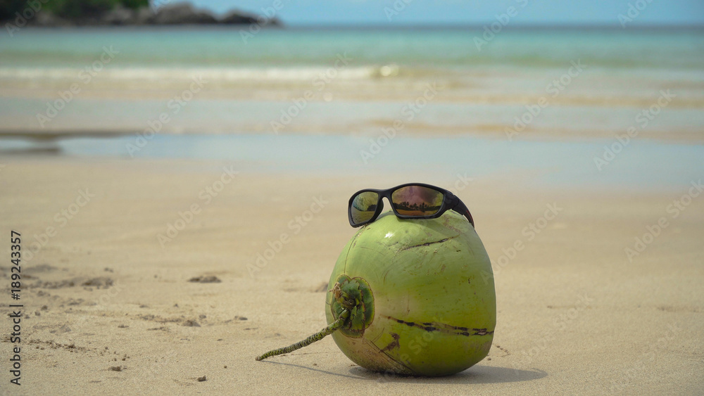Obraz premium Green coconut on the sand of a tropical beach in sunglasses. Coconut funny wearing sunglasses on the beach. Fresh coconut from palm on a sandy beach. Philippines , El Nido. Travel concept.