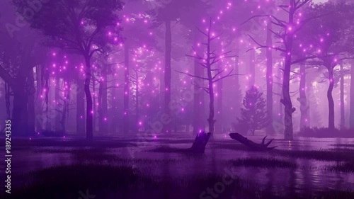 Mysterious night forest swamp with magical firefly lights flying in the air among creepy ancient trees. Fantasy 3D animation rendered in 4K