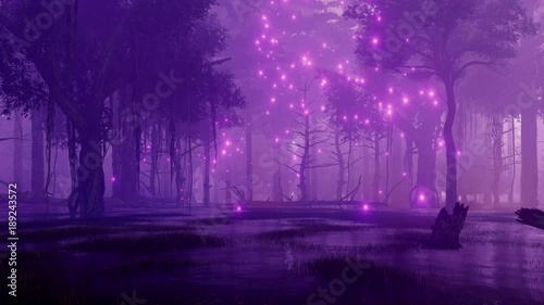 Mystical firefly lights flying around creepy dead trees on a mysterious forest swamp at dark foggy night. Fantasy 3D animation rendered in 4K
