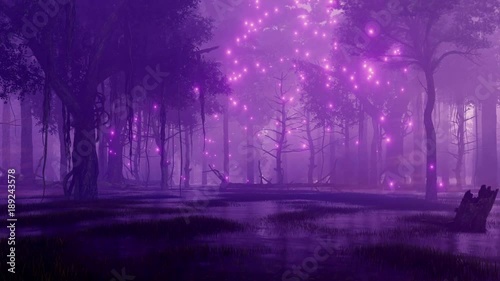 Mysterious marshy forest with supernatural fairy firefly lights soaring in the air at dark misty night. Fantasy 3D animation rendered in 4K