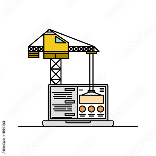 Laptop and crane icon, thin line. Website in under construction page element template isolated.