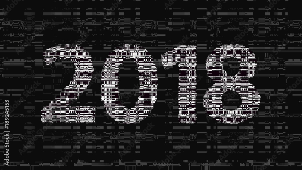 Glitch new year sign. 2018 celebration logo. Computer screen error. Digital pixel abstract holiday design. Video game glitch. Television signal fail. Technical problem grunge.