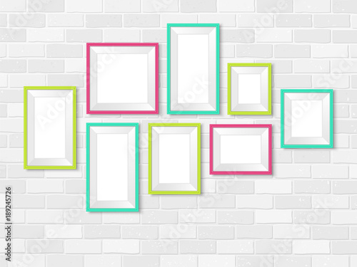 Frames photo gallery mock up brick wall colorful vector